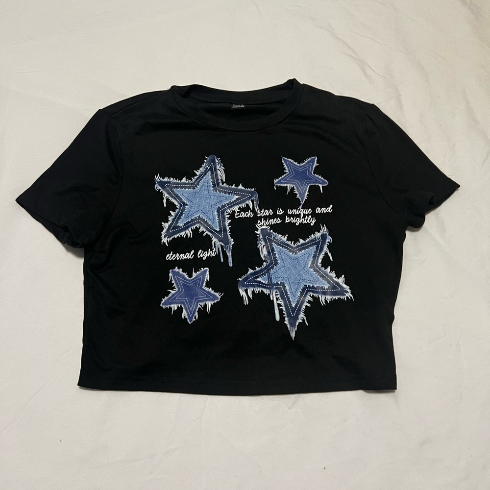 SHEIN Black Tee with Blue Star Accents